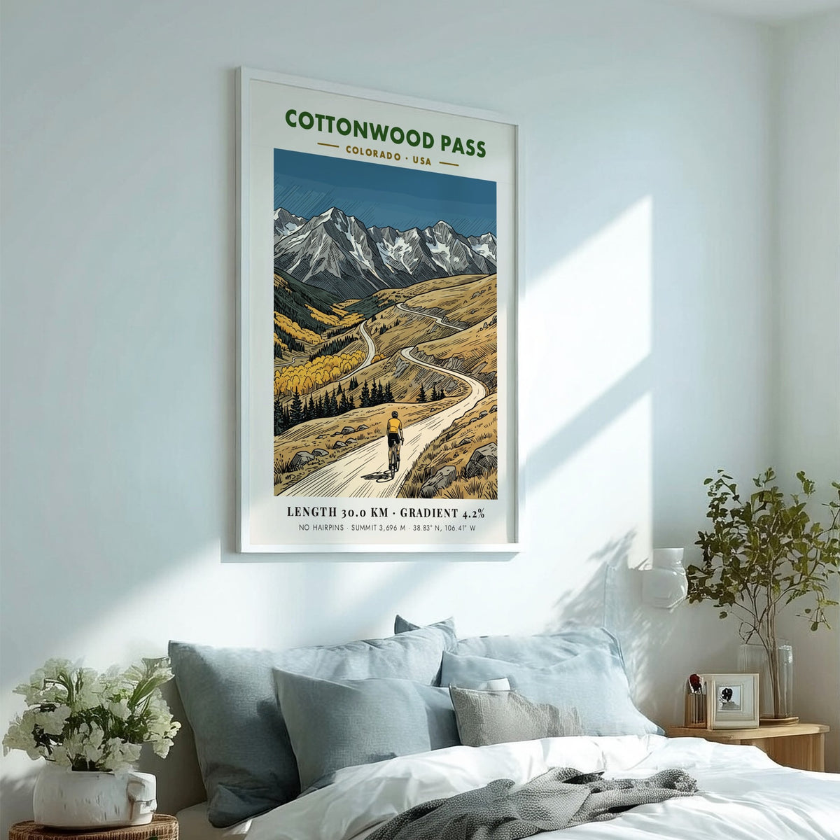 Poster of a cyclist climbing Cottonwood Pass with Colorado mountains and golden aspen trees.