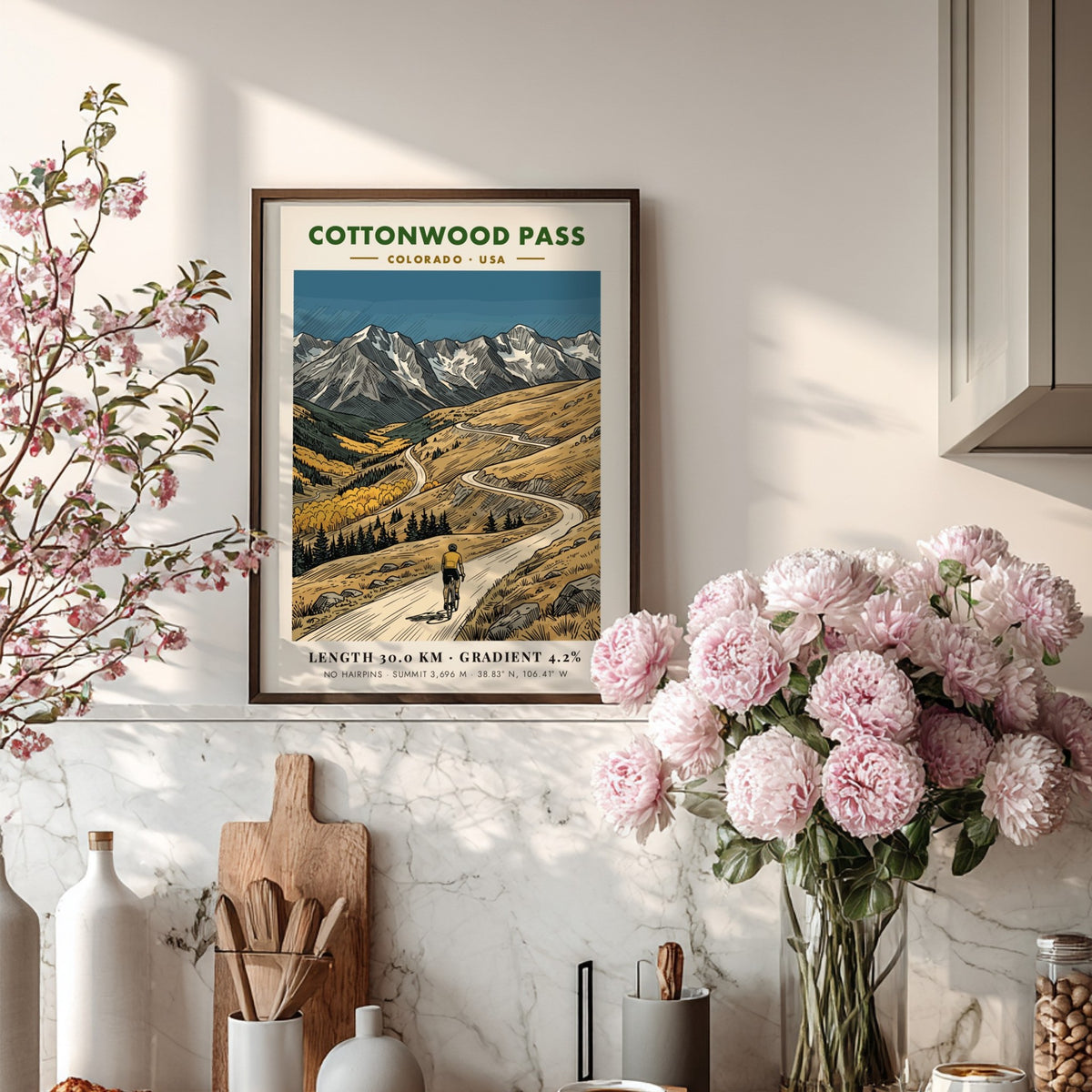 Poster of a cyclist climbing Cottonwood Pass with Colorado mountains and golden aspen trees.