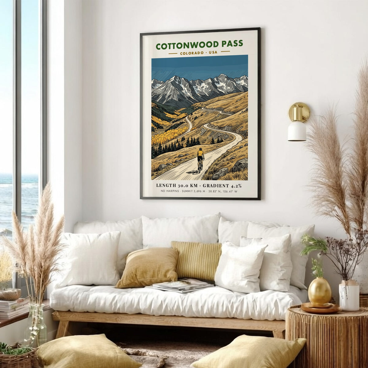 Poster of a cyclist climbing Cottonwood Pass with Colorado mountains and golden aspen trees.