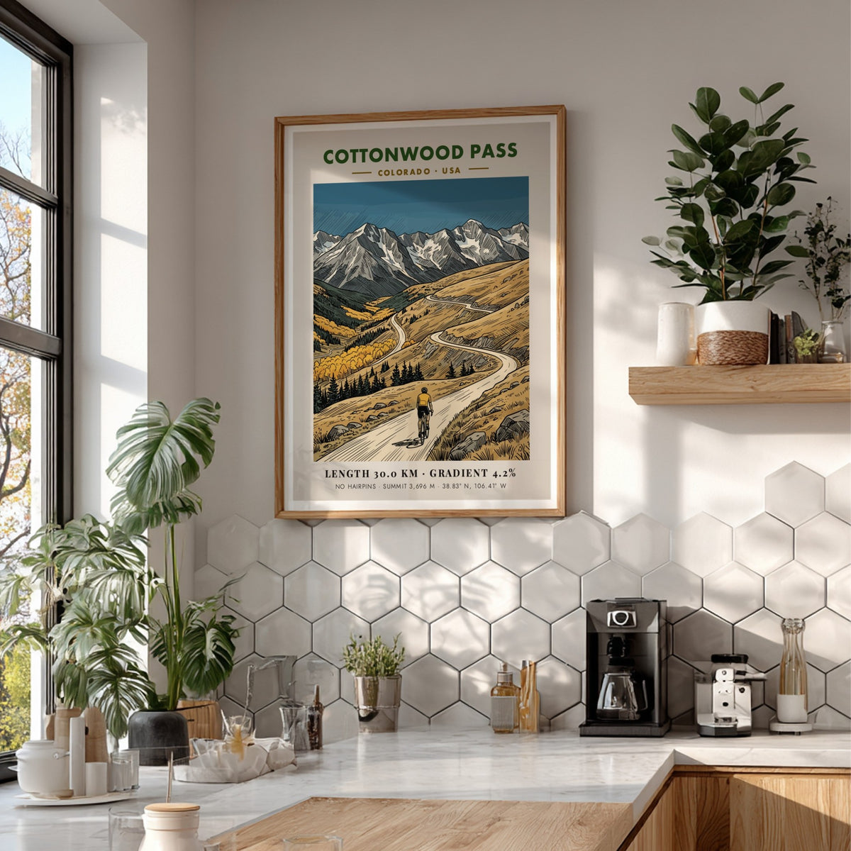 Poster of a cyclist climbing Cottonwood Pass with Colorado mountains and golden aspen trees.