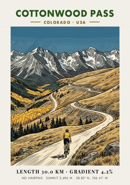 Poster of a cyclist climbing Cottonwood Pass with Colorado mountains and golden aspen trees.