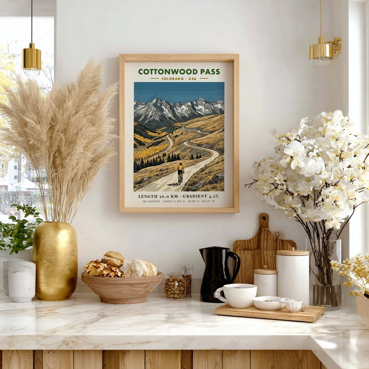 Poster of a cyclist climbing Cottonwood Pass with Colorado mountains and golden aspen trees.
