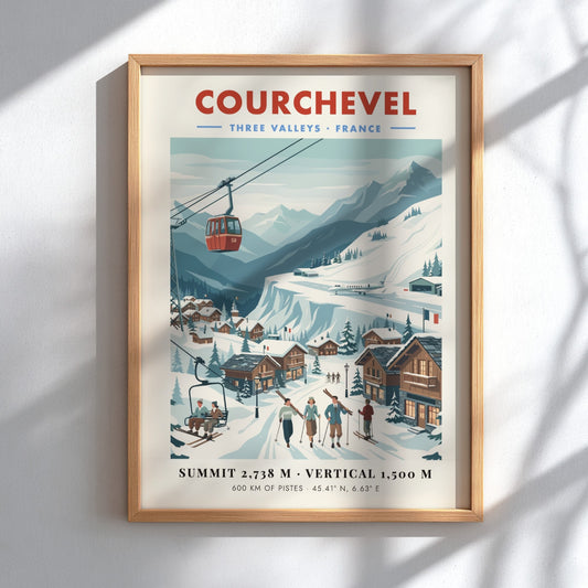 Courchevel ski resort poster featuring vintage style, snowy mountains, and ski lifts in soft colors.