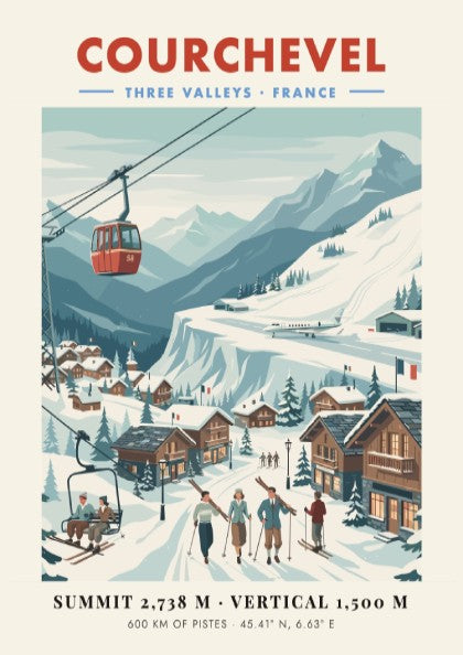 Courchevel ski resort poster featuring vintage style, snowy mountains, and ski lifts in soft colors.