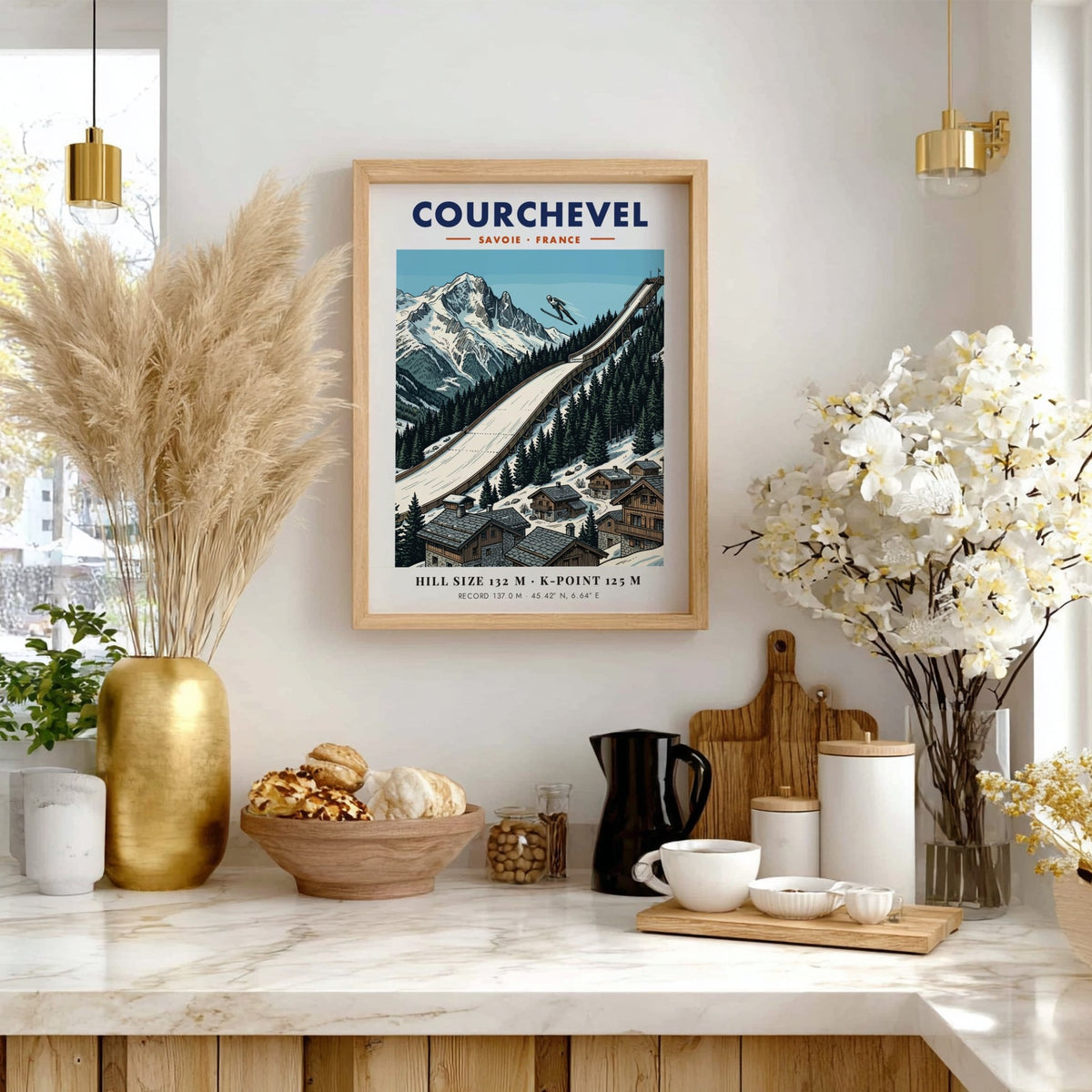 Poster featuring a ski jumper above the Courchevel ramp and French Alpine peaks