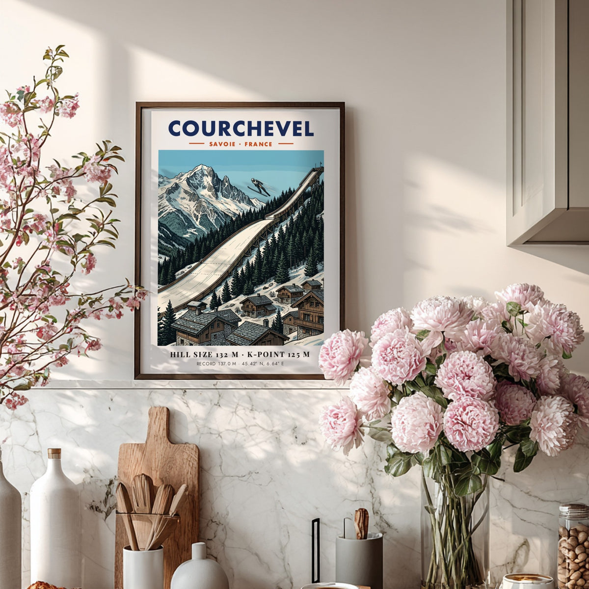 Poster featuring a ski jumper above the Courchevel ramp and French Alpine peaks