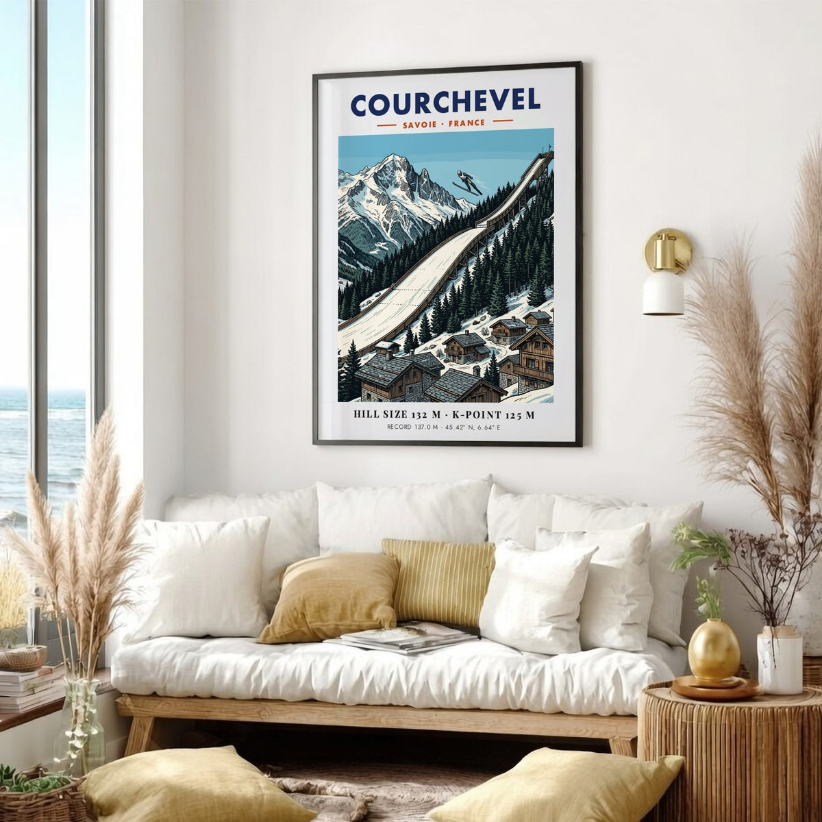 Poster featuring a ski jumper above the Courchevel ramp and French Alpine peaks
