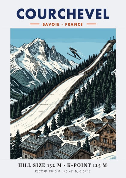Poster featuring a ski jumper above the Courchevel ramp and French Alpine peaks