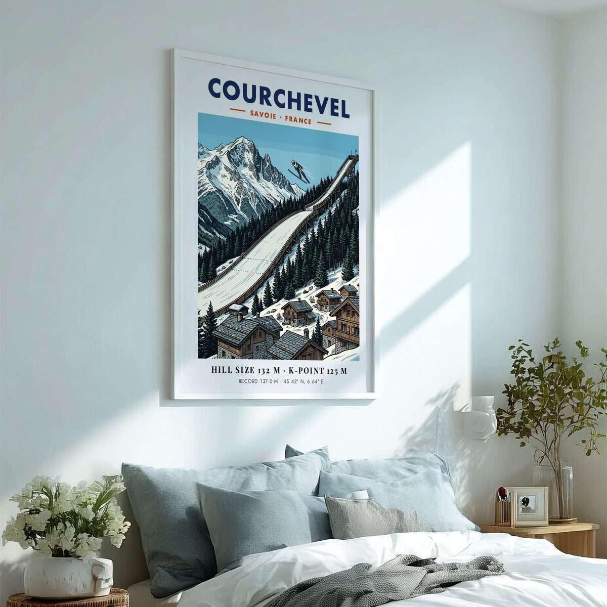 Poster featuring a ski jumper above the Courchevel ramp and French Alpine peaks