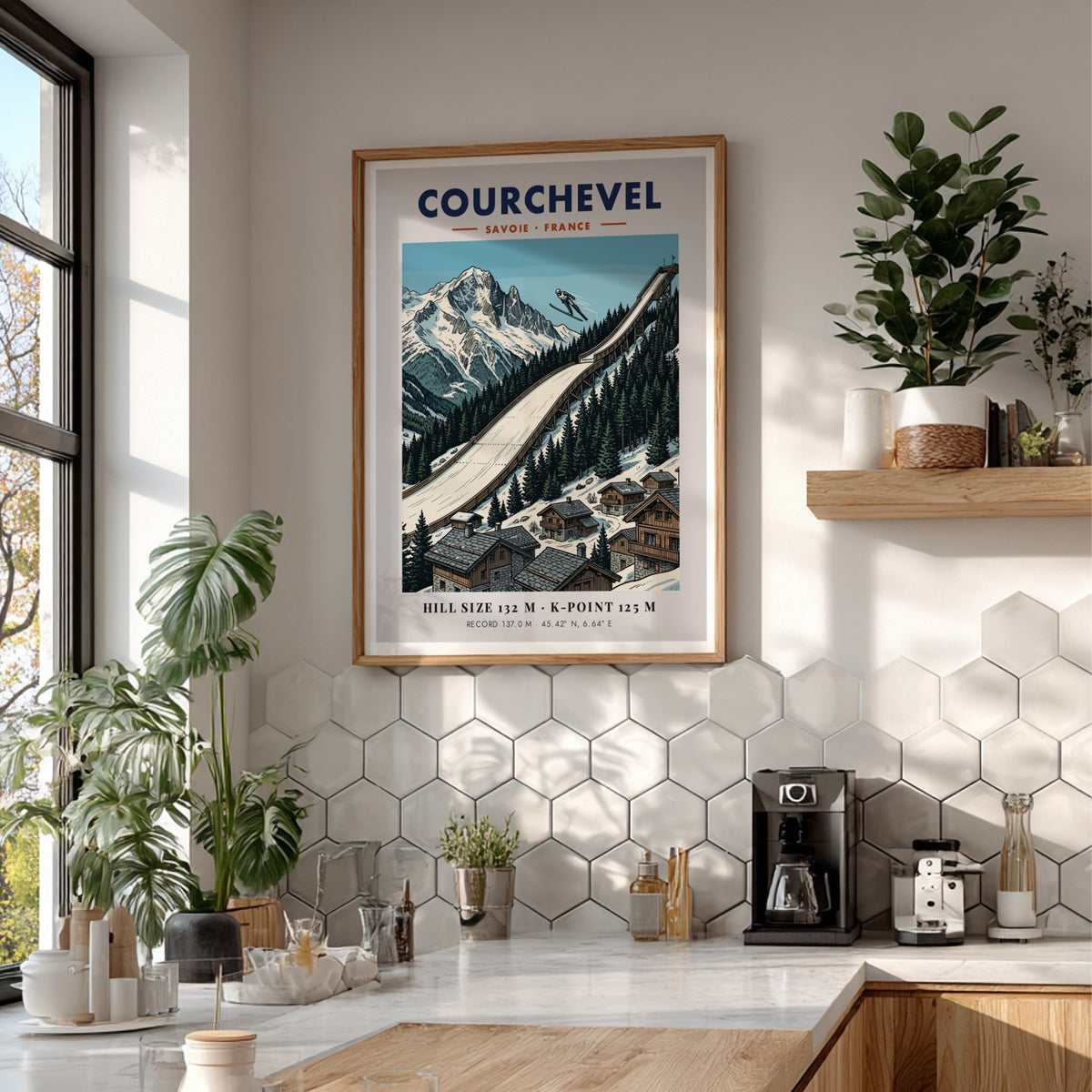 Poster featuring a ski jumper above the Courchevel ramp and French Alpine peaks