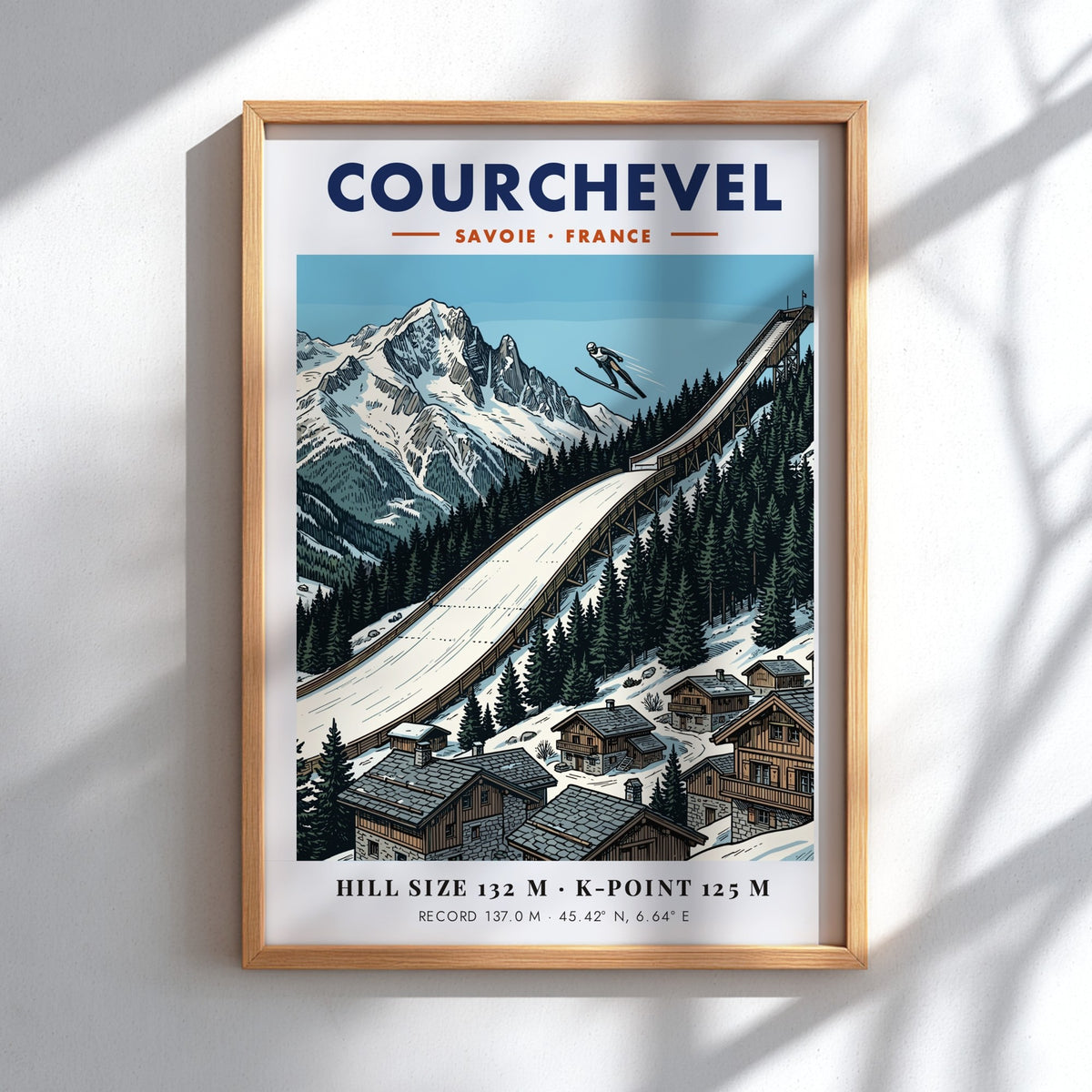 Poster featuring a ski jumper above the Courchevel ramp and French Alpine peaks