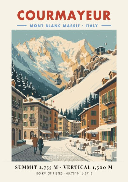 Courmayeur ski resort poster featuring Mont Blanc massif in vintage style with soft colors
