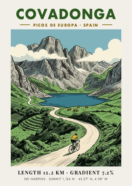 Poster of a cyclist riding through the scenic Covadonga Picos de Europa mountain range.