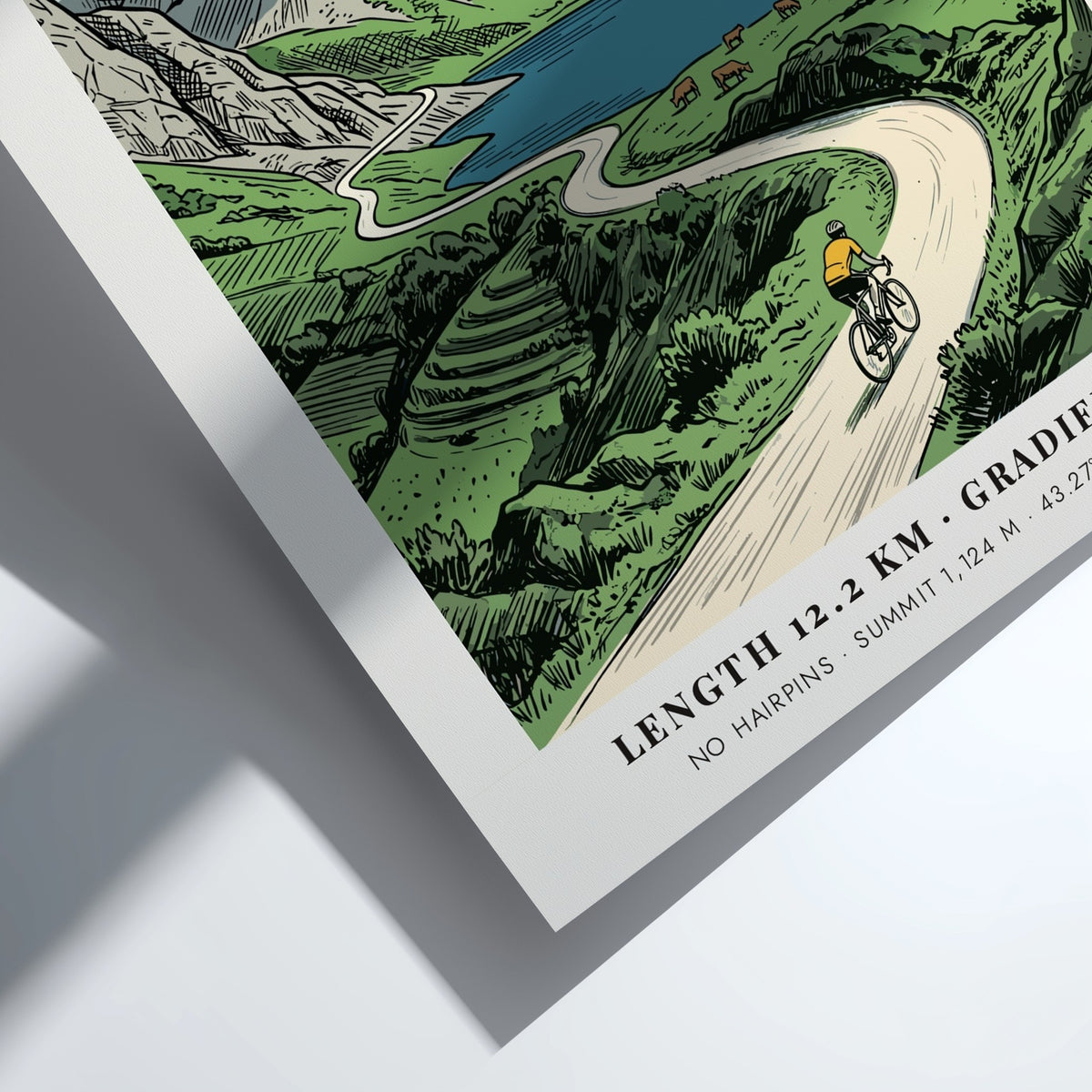 Poster of a cyclist riding through the scenic Covadonga Picos de Europa mountain range.