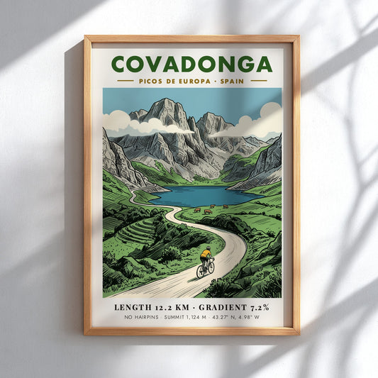 Poster of a cyclist riding through the scenic Covadonga Picos de Europa mountain range.