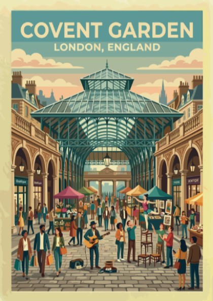 Covent Garden travel poster featuring vibrant market scene and vintage style