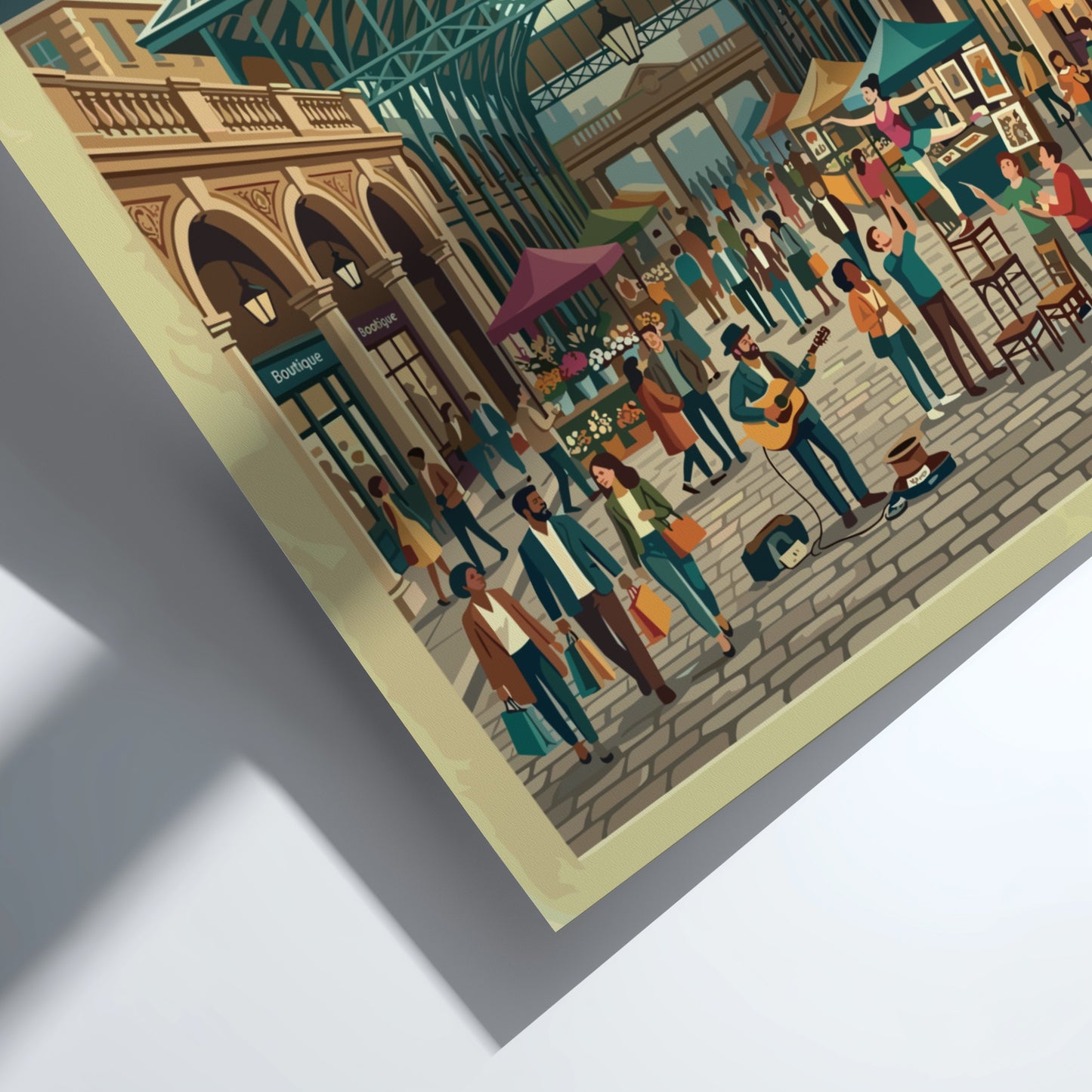 Covent Garden travel poster featuring vibrant market scene and vintage style