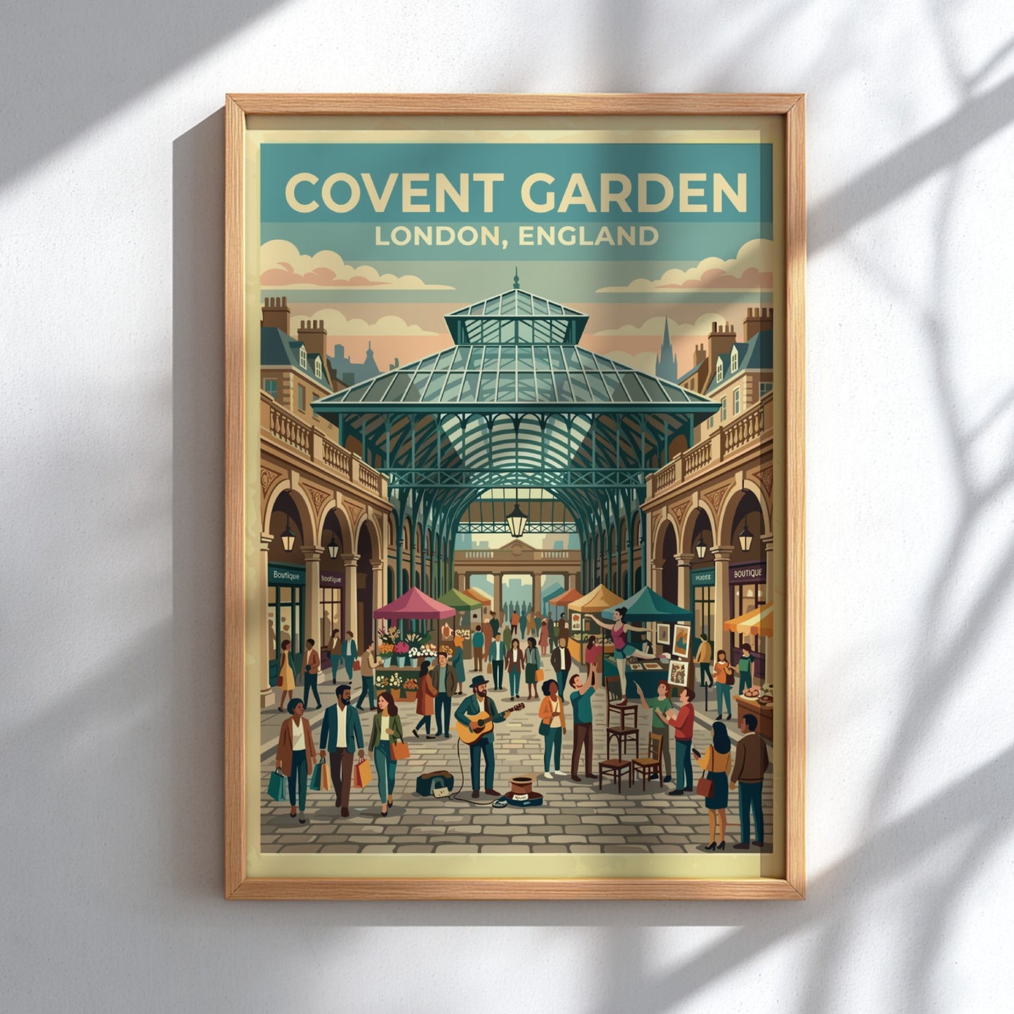 Covent Garden travel poster featuring vibrant market scene and vintage style