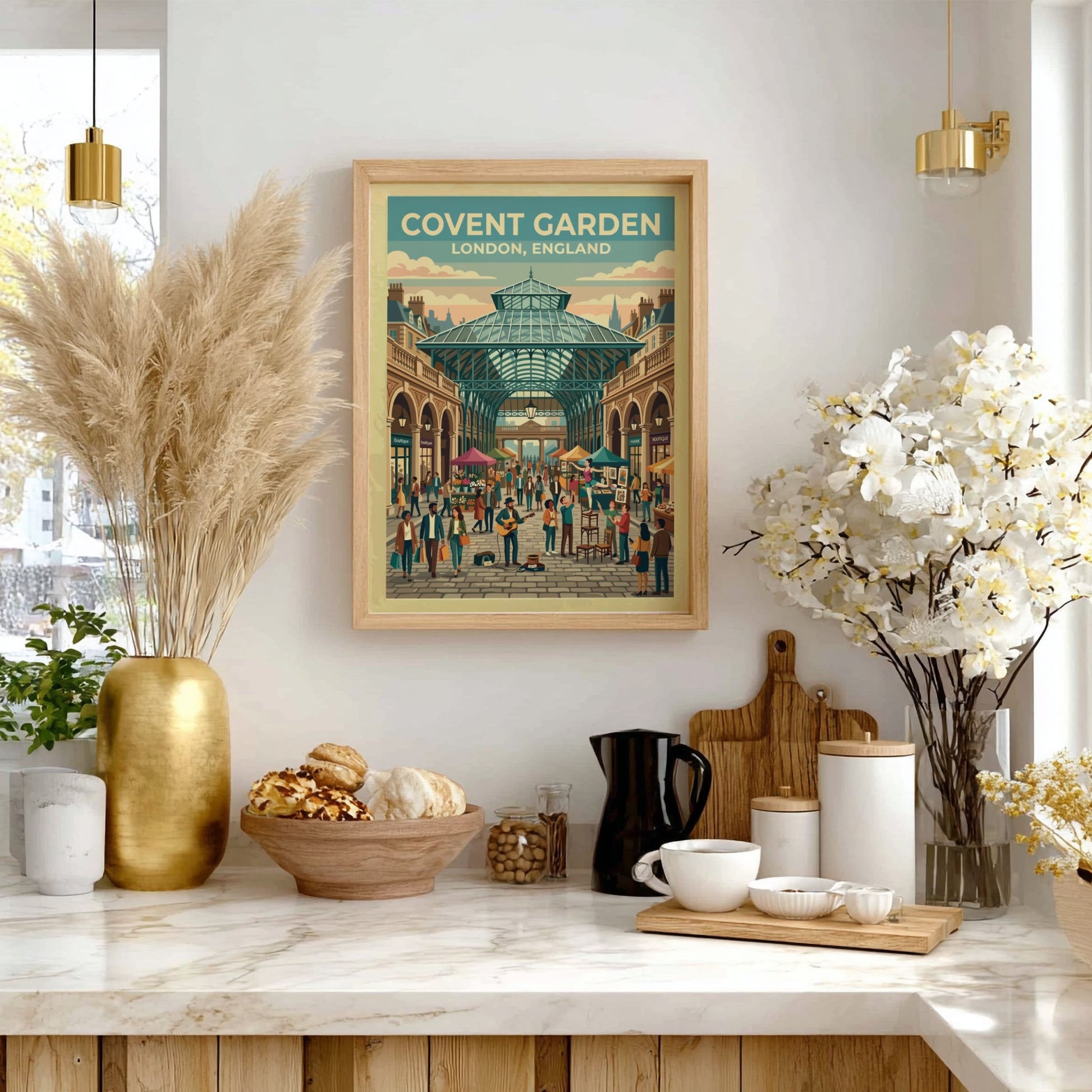Covent Garden travel poster featuring vibrant market scene and vintage style