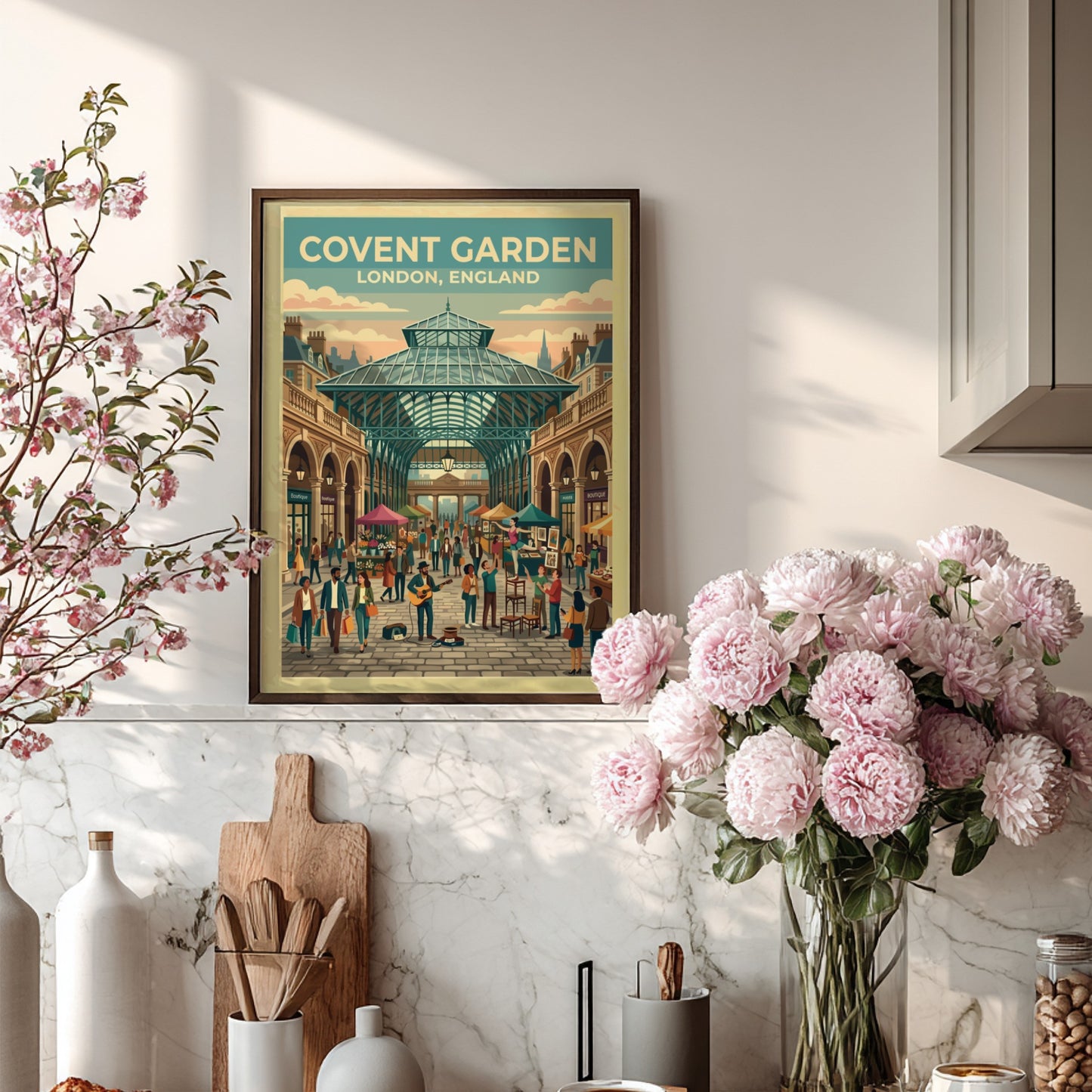 Covent Garden travel poster featuring vibrant market scene and vintage style