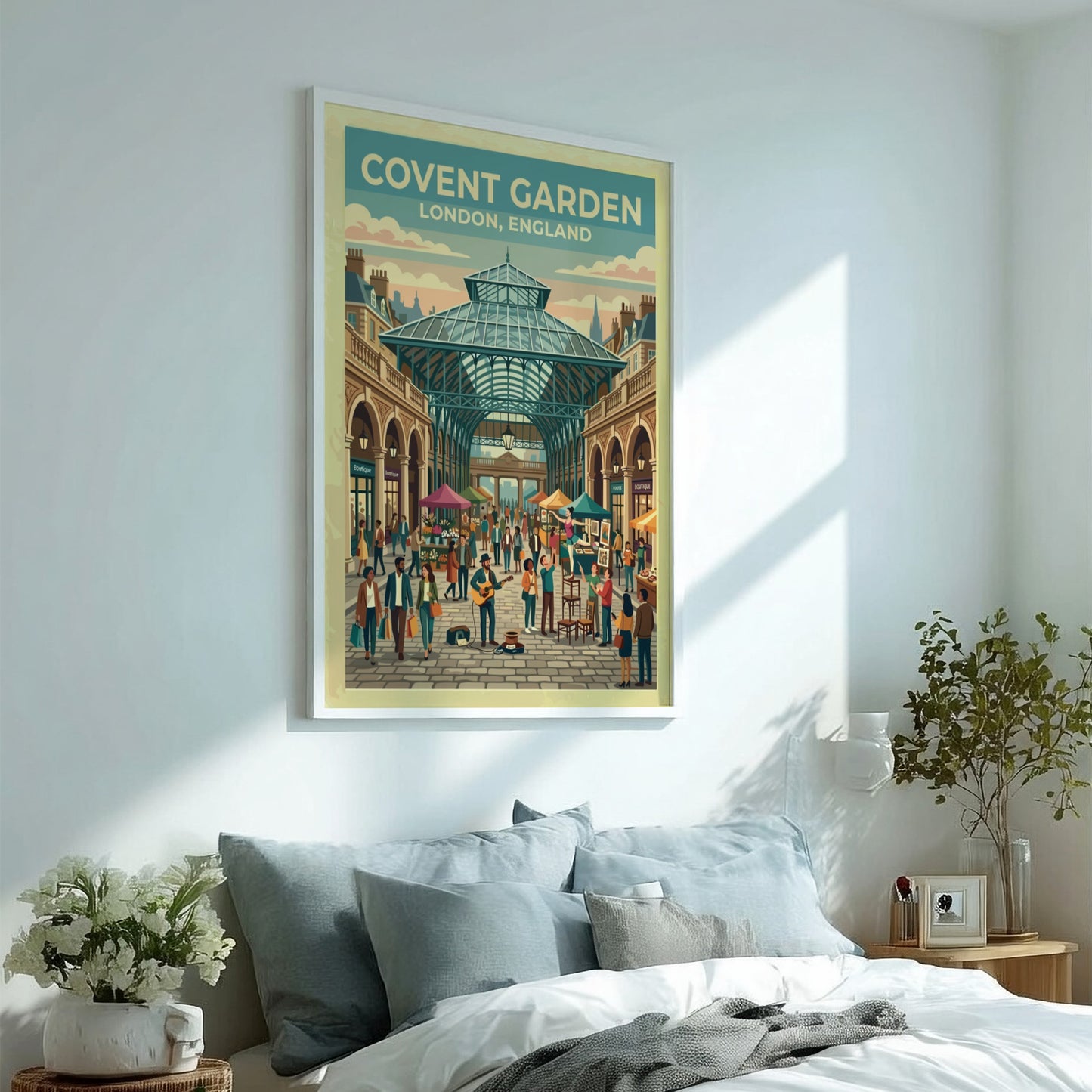 Covent Garden travel poster featuring vibrant market scene and vintage style