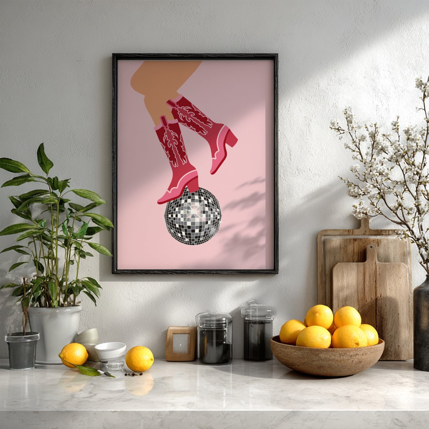 Midnight Rodeo Modern Art - The Cowboy Boots & Disco Ball Wall Print