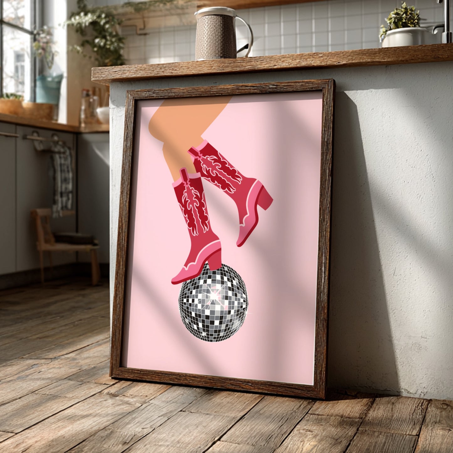 Midnight Rodeo Modern Art - The Cowboy Boots & Disco Ball Wall Print