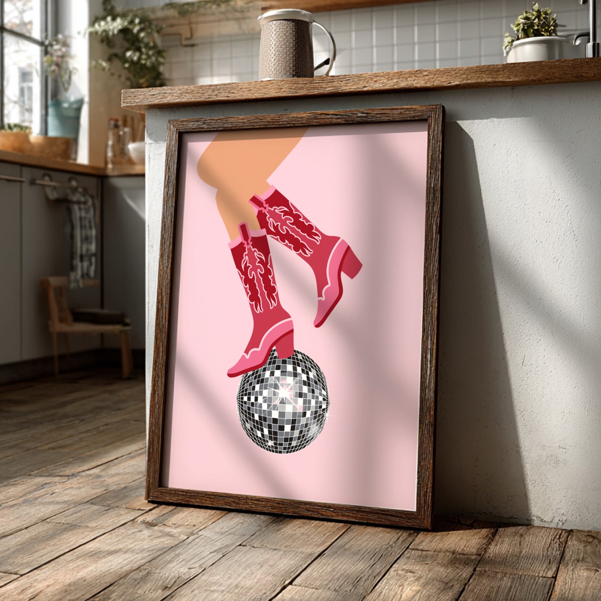 Midnight Rodeo Modern Art - The Cowboy Boots & Disco Ball Wall Print