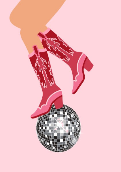 Midnight Rodeo Modern Art - The Cowboy Boots & Disco Ball Wall Print