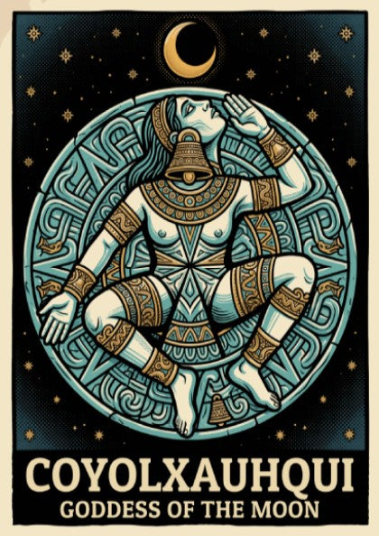 Poster of Coyolxauhqui Goddess of the Moon in indigo and gold Aztec style