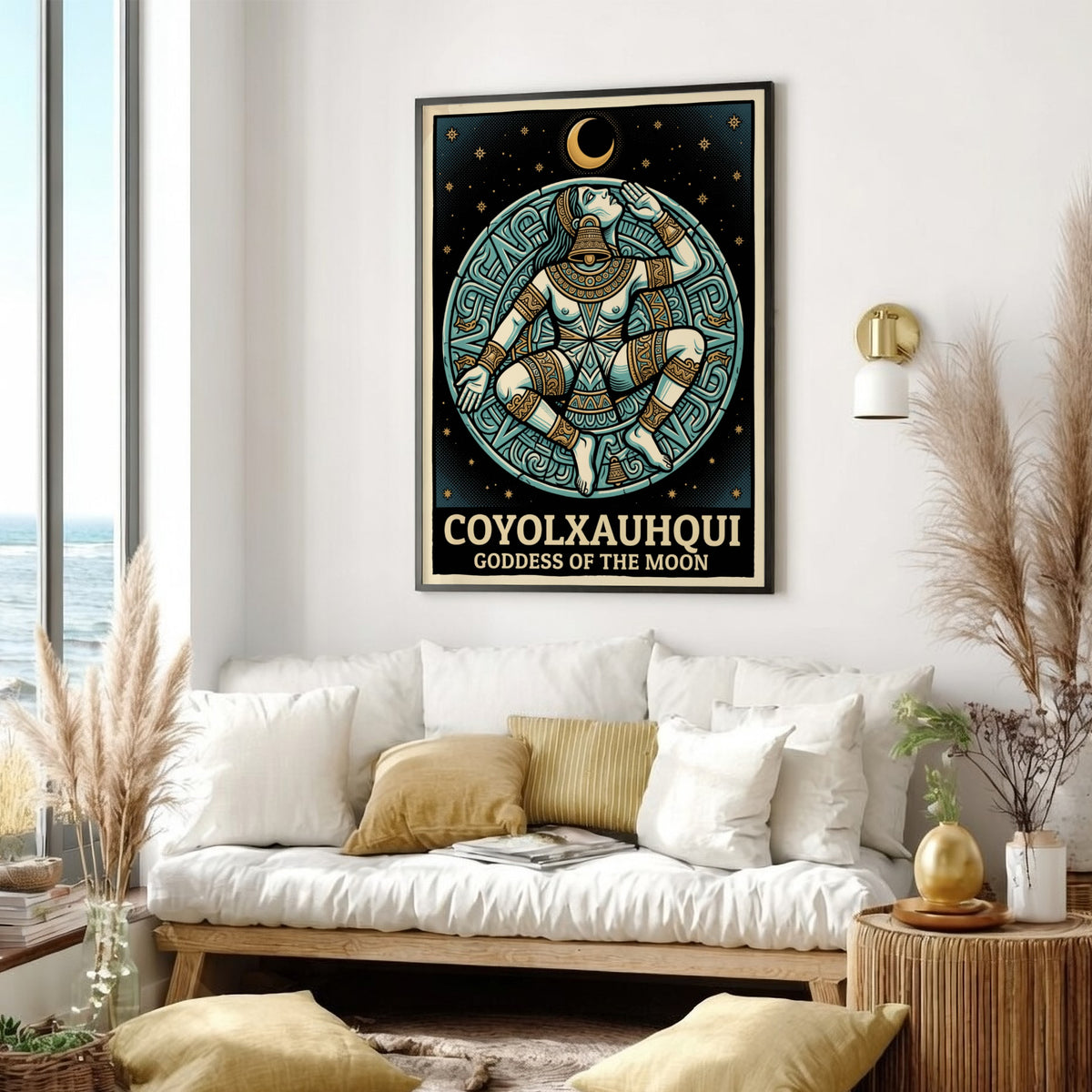 Poster of Coyolxauhqui Goddess of the Moon in indigo and gold Aztec style