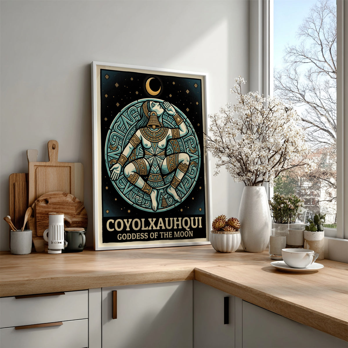 Poster of Coyolxauhqui Goddess of the Moon in indigo and gold Aztec style