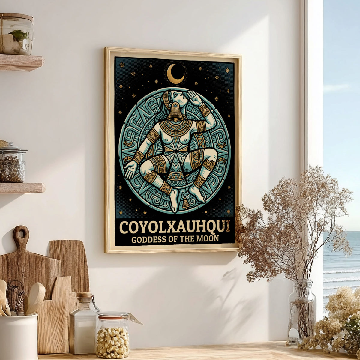 Poster of Coyolxauhqui Goddess of the Moon in indigo and gold Aztec style