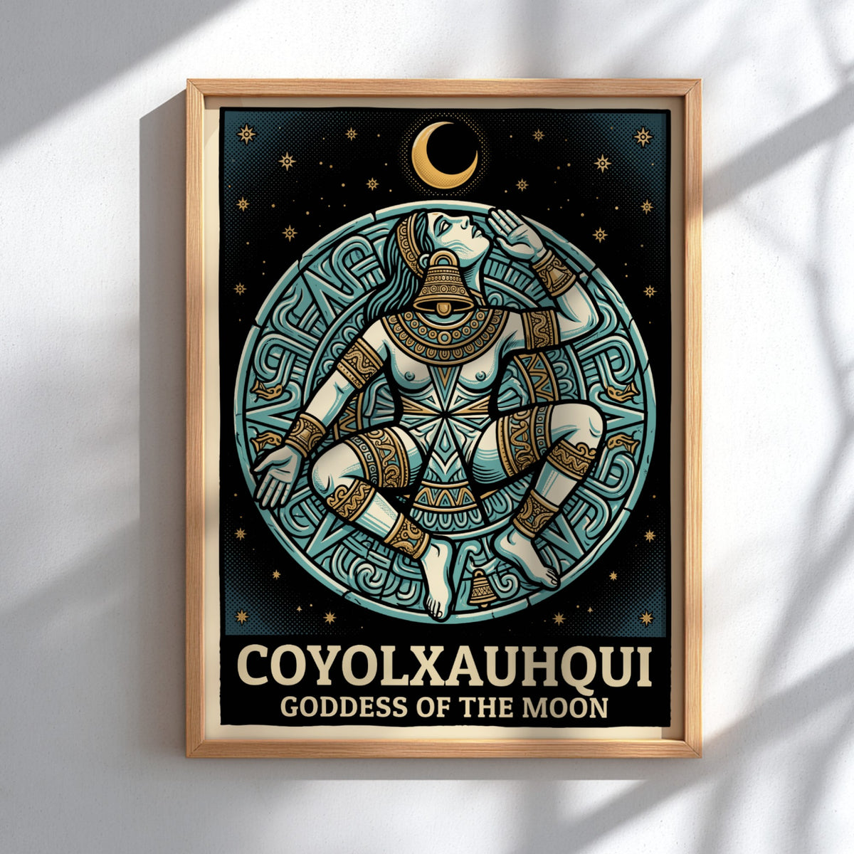 Poster of Coyolxauhqui Goddess of the Moon in indigo and gold Aztec style