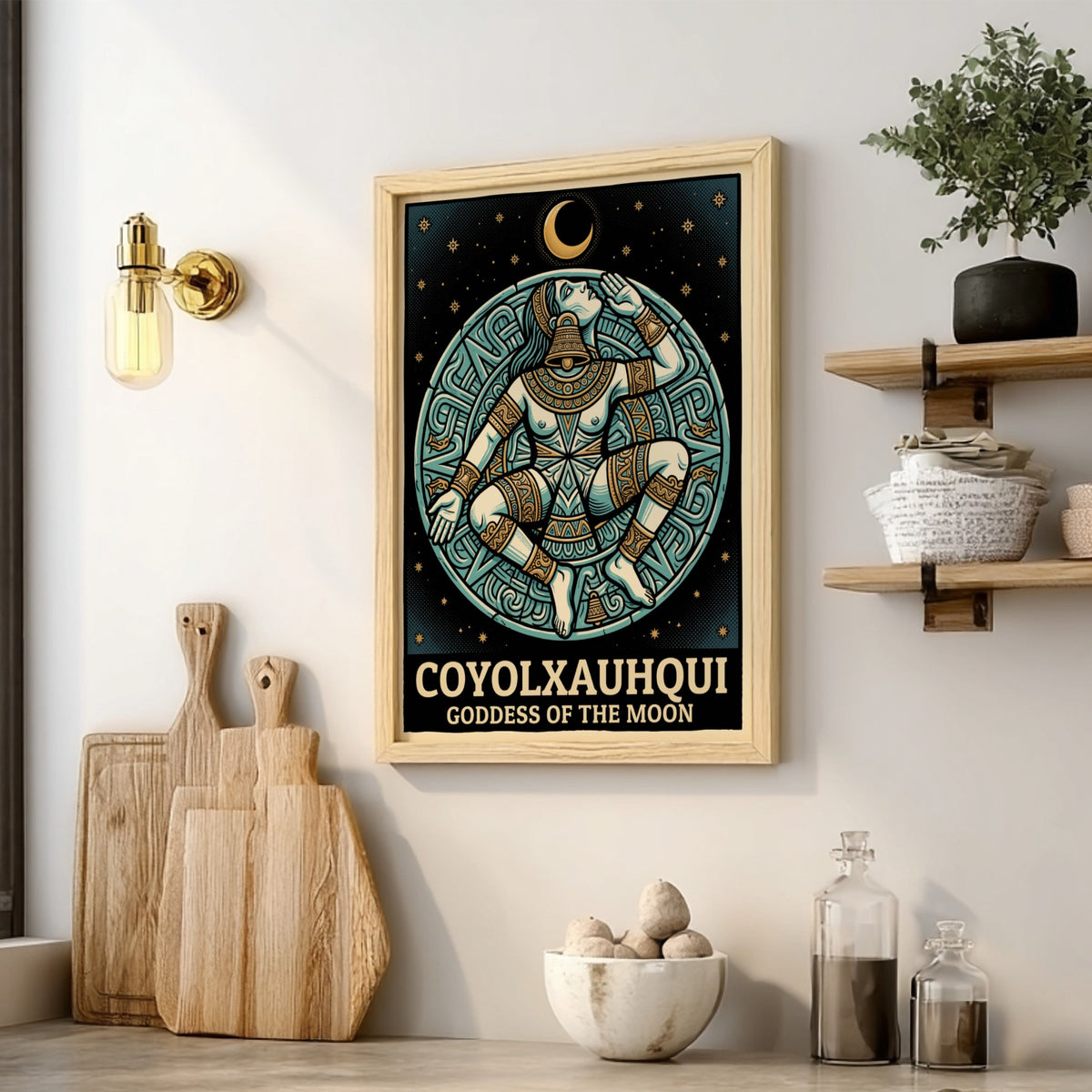 Poster of Coyolxauhqui Goddess of the Moon in indigo and gold Aztec style