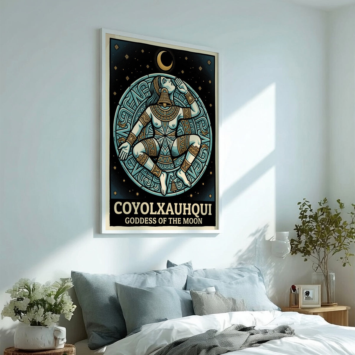 Poster of Coyolxauhqui Goddess of the Moon in indigo and gold Aztec style