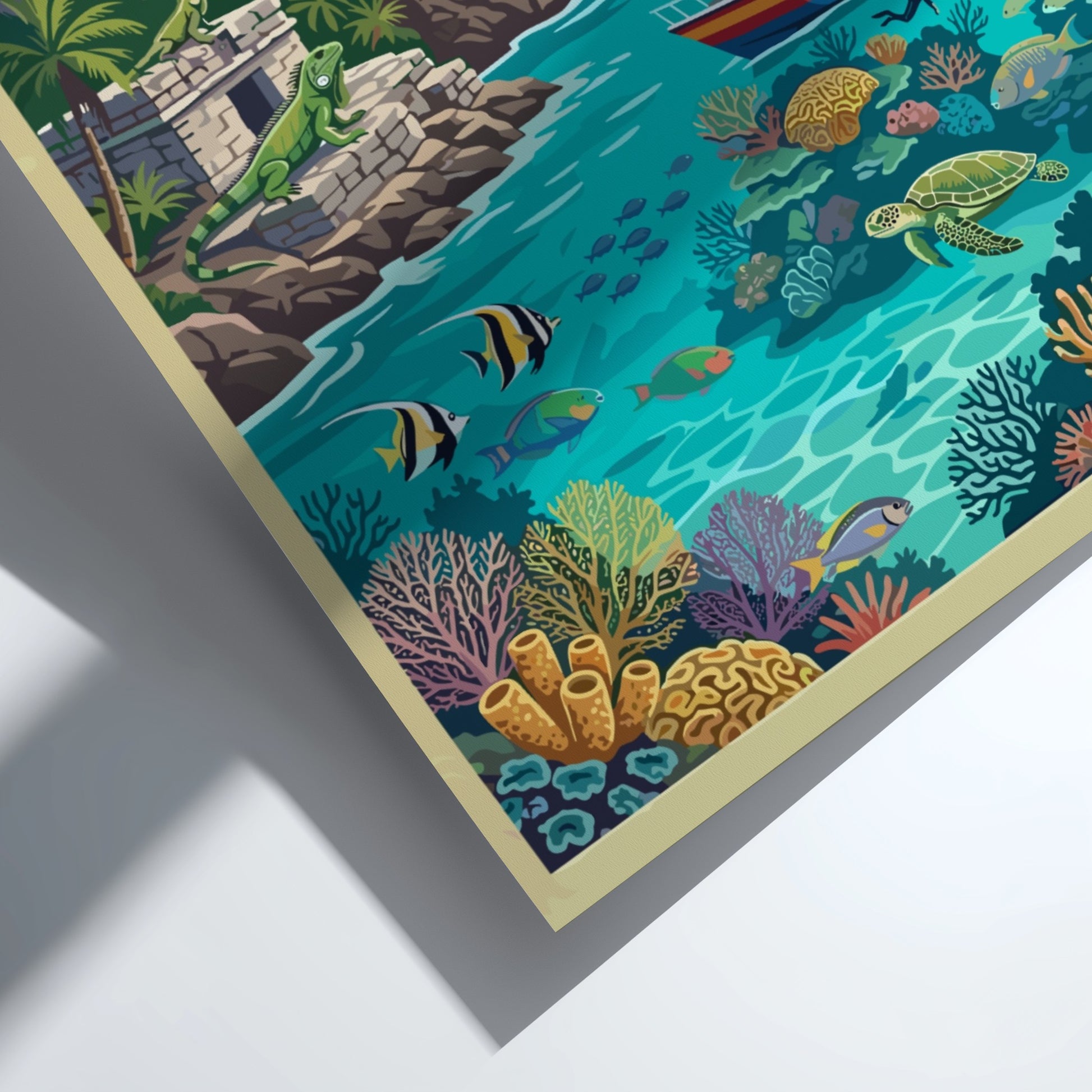 Travel poster of Cozumel Mexico featuring ancient ruins, a lighthouse, and tropical marine life.