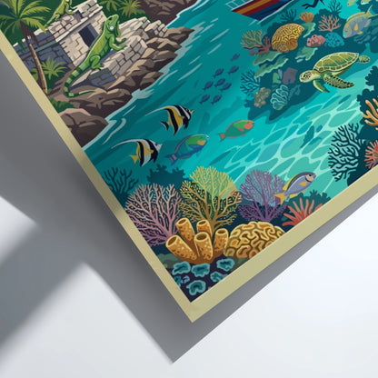 Travel poster of Cozumel Mexico featuring ancient ruins, a lighthouse, and tropical marine life.