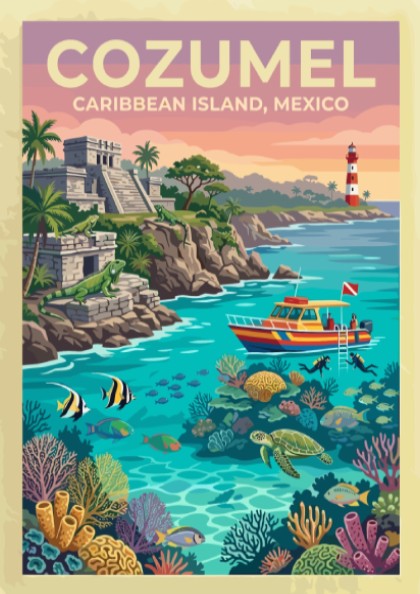 Travel poster of Cozumel Mexico featuring ancient ruins, a lighthouse, and tropical marine life.