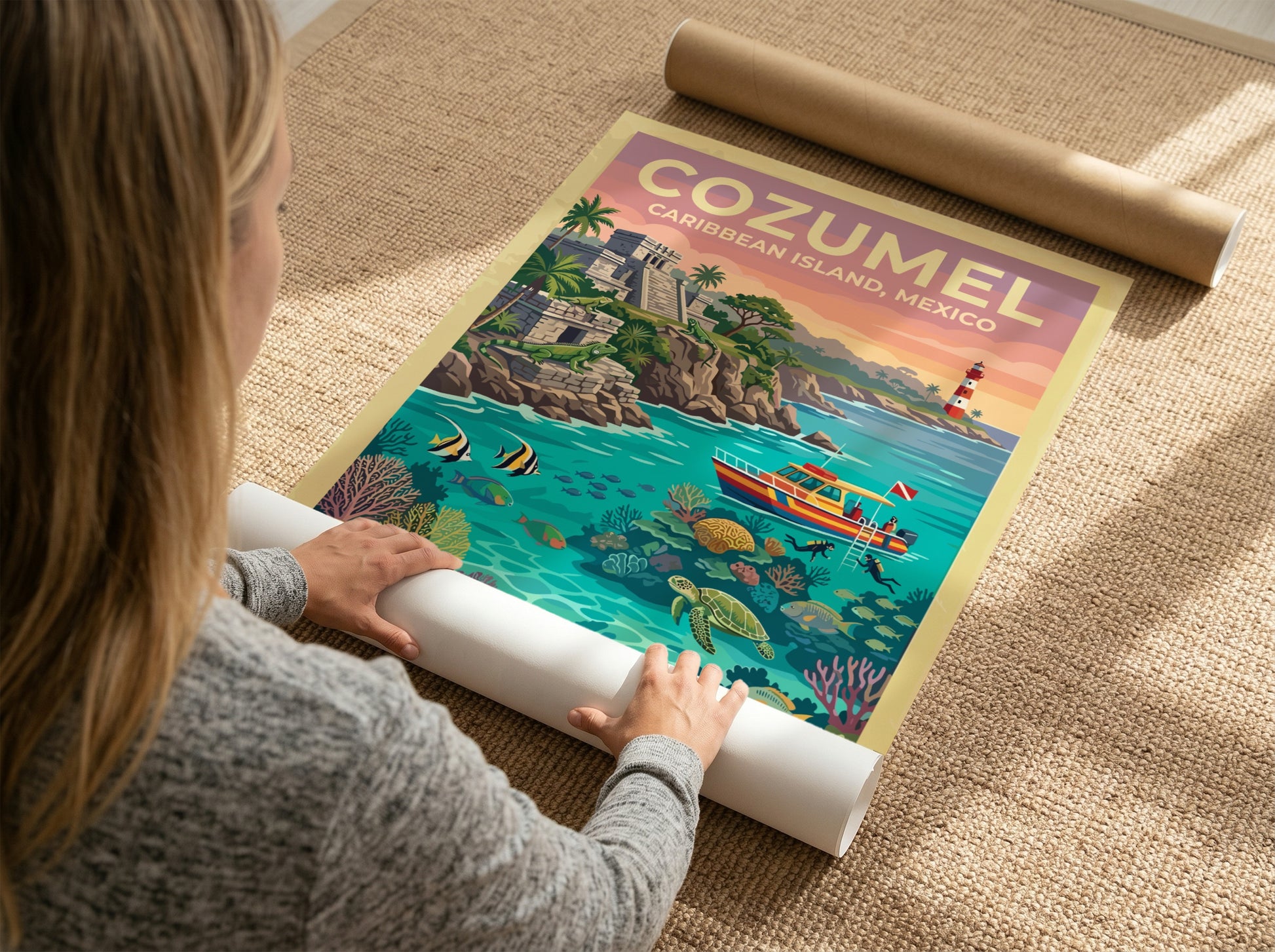 Travel poster of Cozumel Mexico featuring ancient ruins, a lighthouse, and tropical marine life.