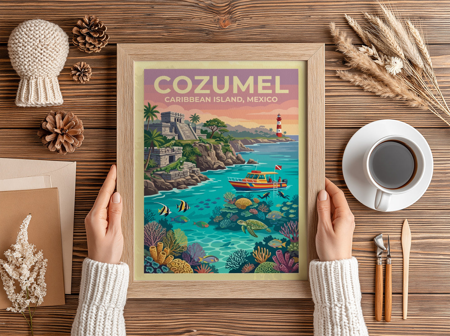 Travel poster of Cozumel Mexico featuring ancient ruins, a lighthouse, and tropical marine life.