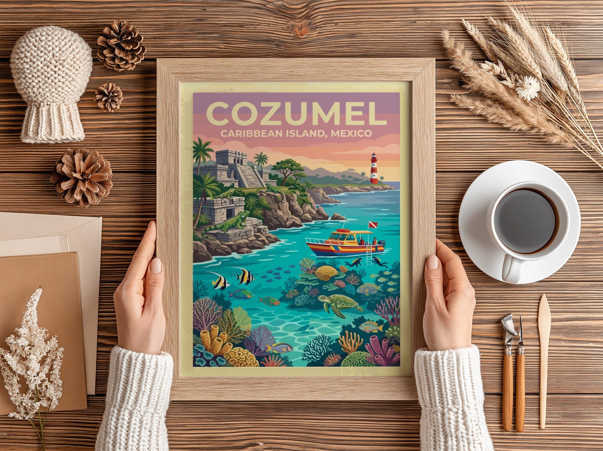 Travel poster of Cozumel Mexico featuring ancient ruins, a lighthouse, and tropical marine life.