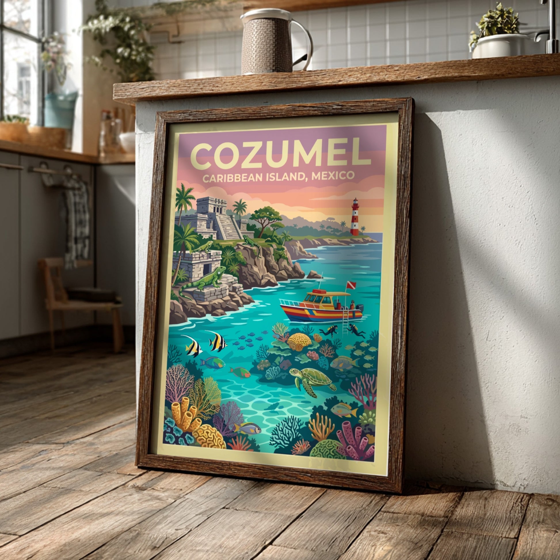 Travel poster of Cozumel Mexico featuring ancient ruins, a lighthouse, and tropical marine life.