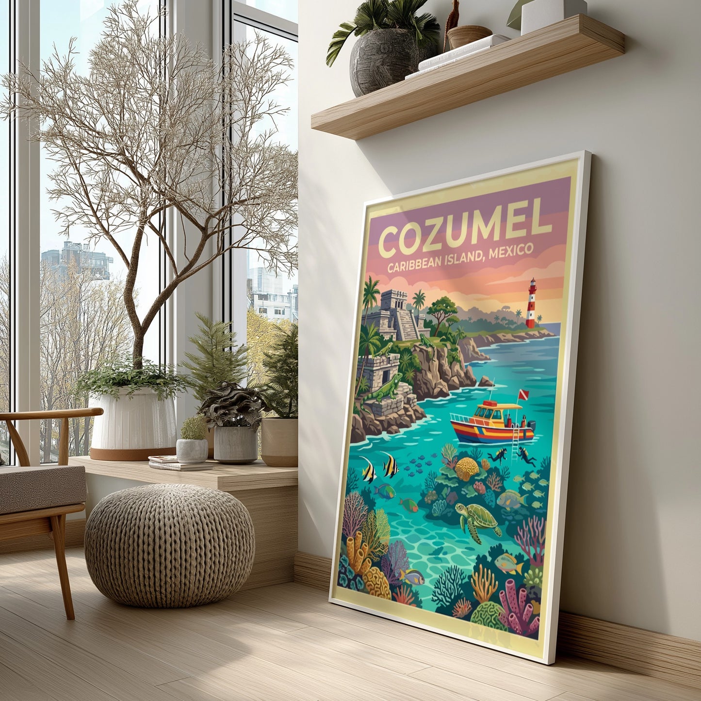 Travel poster of Cozumel Mexico featuring ancient ruins, a lighthouse, and tropical marine life.