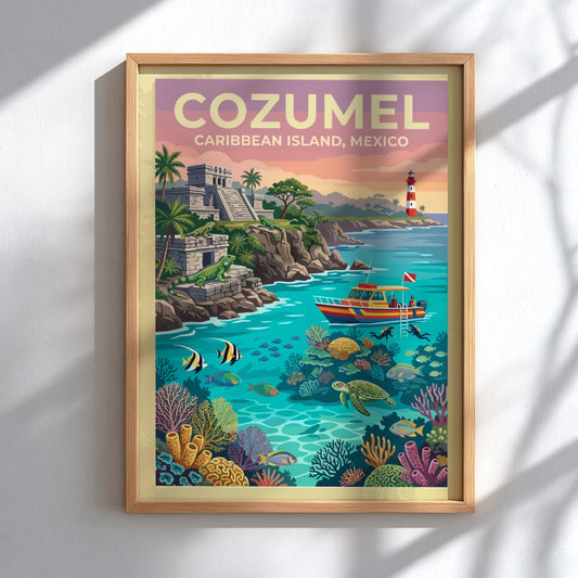 Travel poster of Cozumel Mexico featuring ancient ruins, a lighthouse, and tropical marine life.