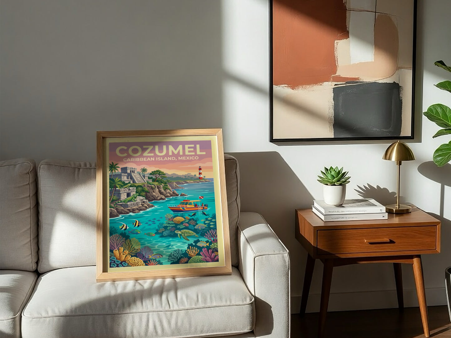 Travel poster of Cozumel Mexico featuring ancient ruins, a lighthouse, and tropical marine life.