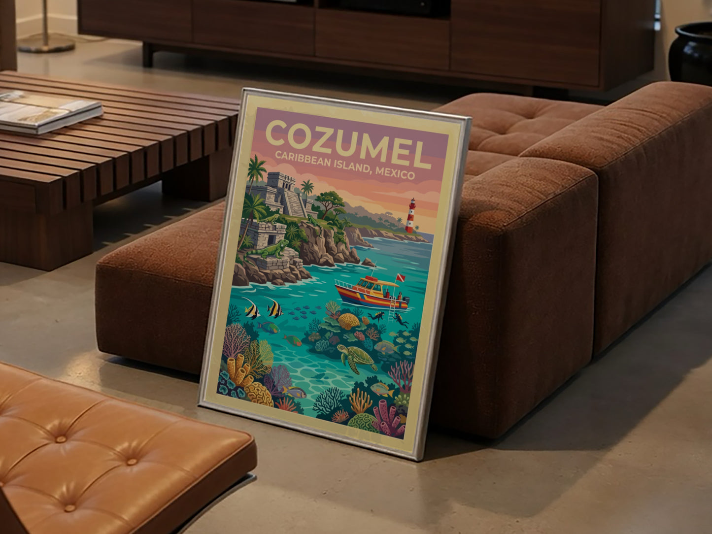 Travel poster of Cozumel Mexico featuring ancient ruins, a lighthouse, and tropical marine life.