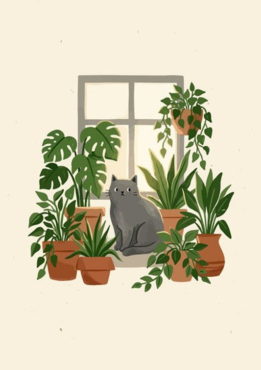 Poster featuring a grey cat sitting on a windowsill surrounded by green potted plants.
