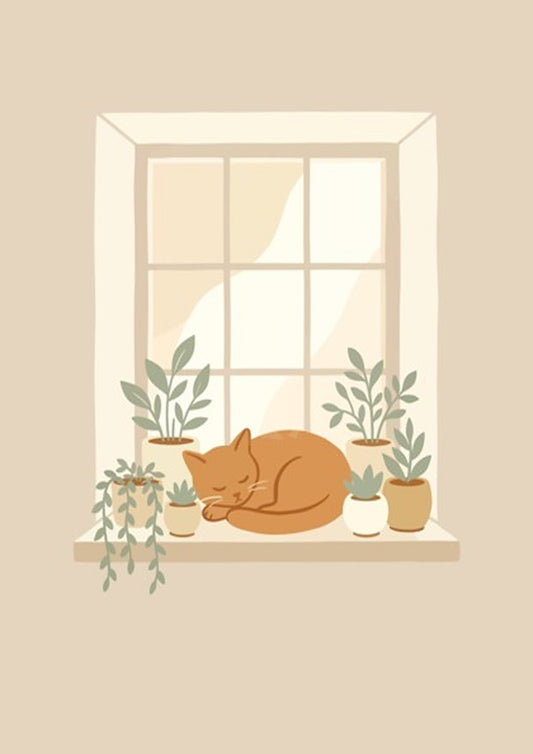 Poster featuring a sleeping ginger cat on a window sill with potted green plants