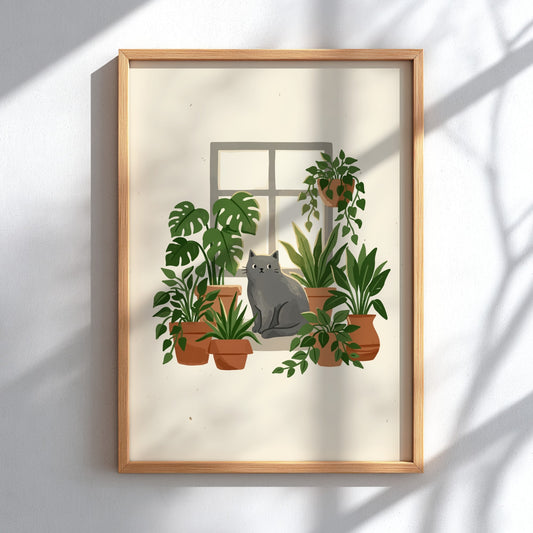 Poster featuring a grey cat sitting on a windowsill surrounded by green potted plants.